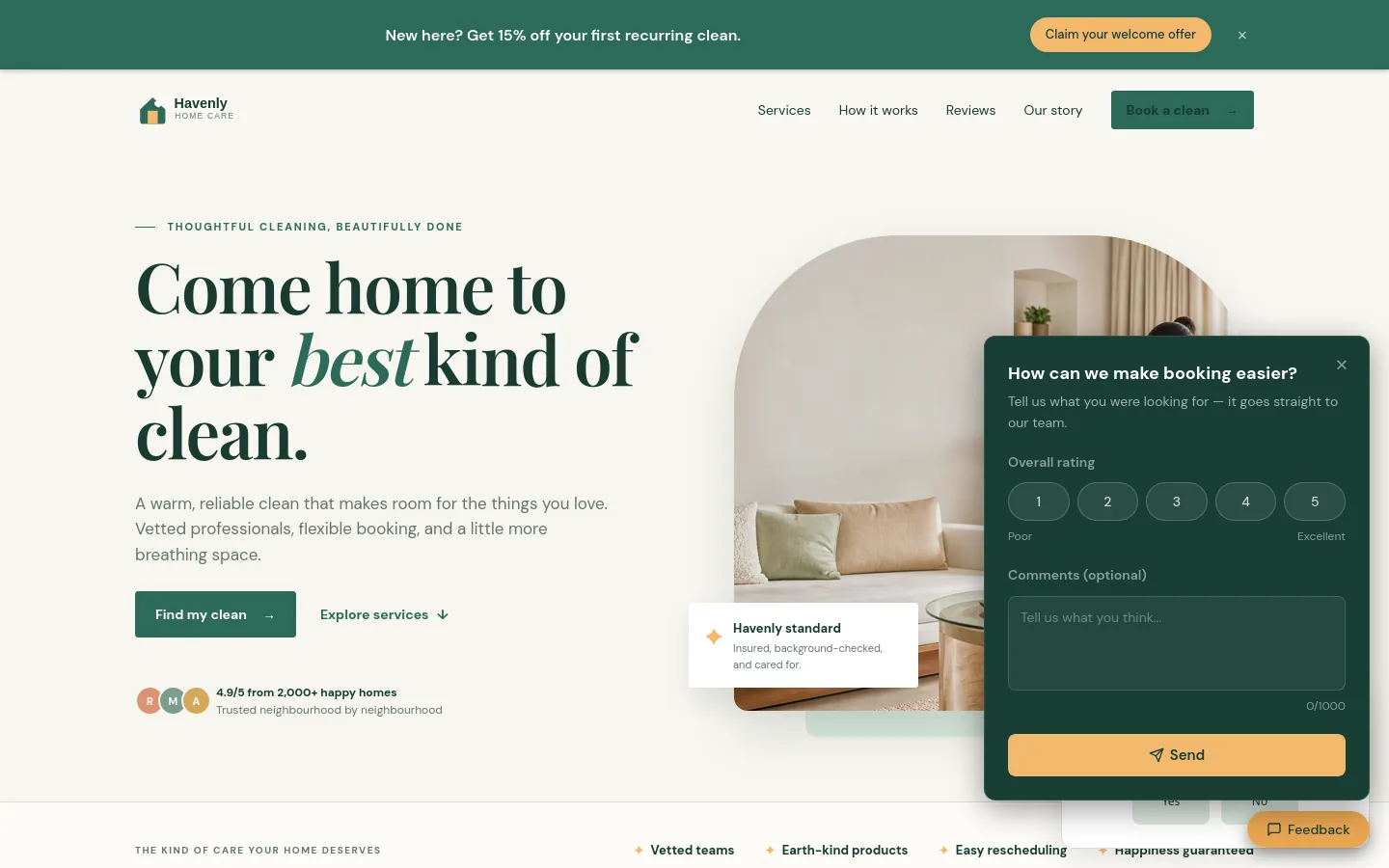 Feedback panel open on the Havenly site, in Havenly's dark green