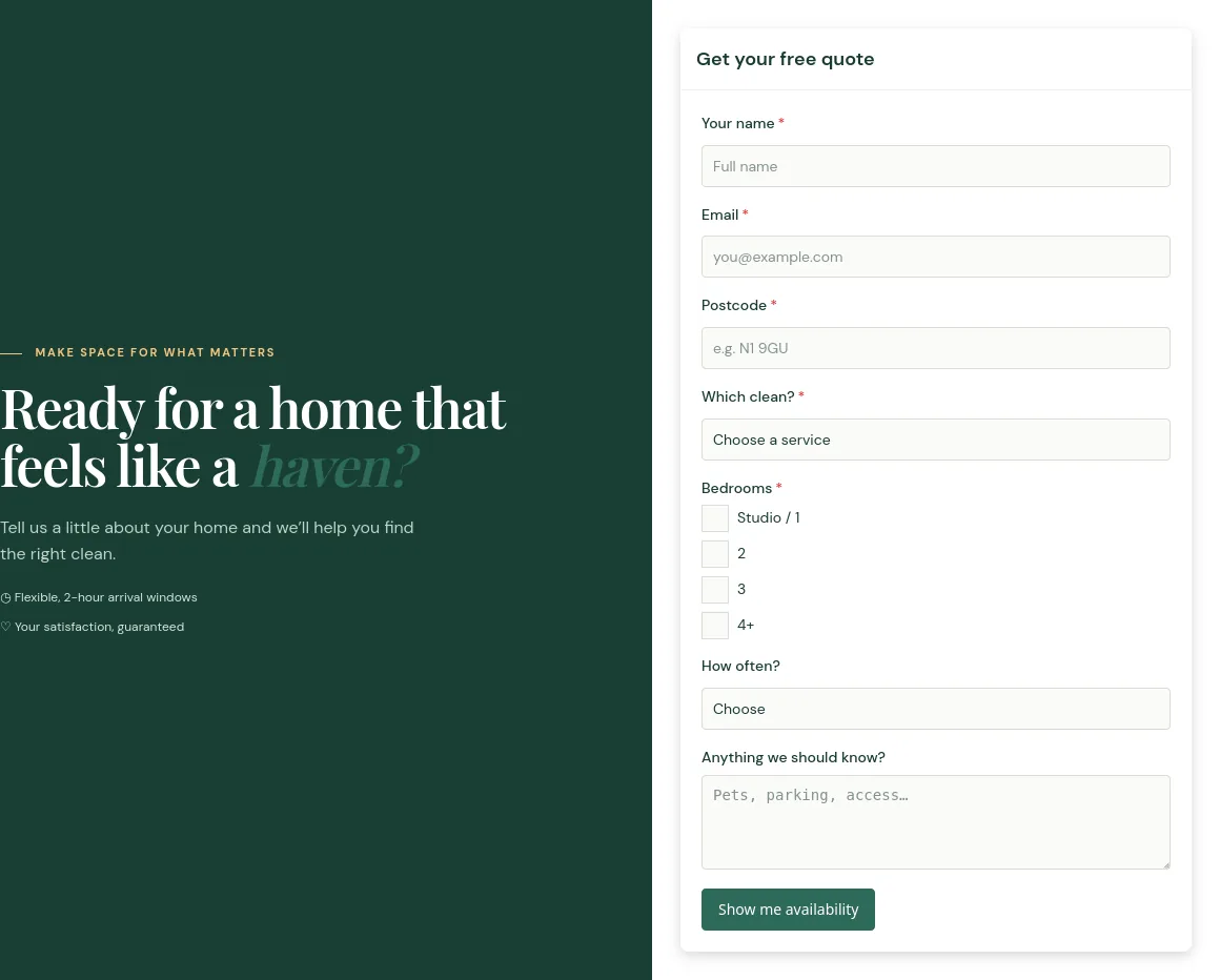 Havenly Home Care's quote form built with PresenceWave