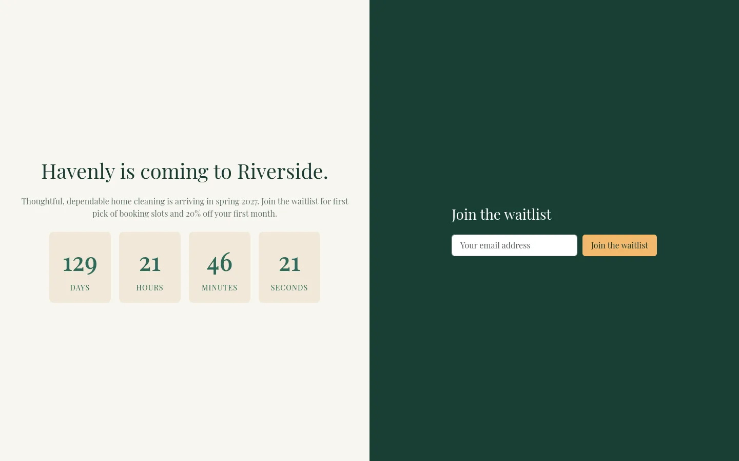 Havenly Riverside launch page with countdown and waitlist