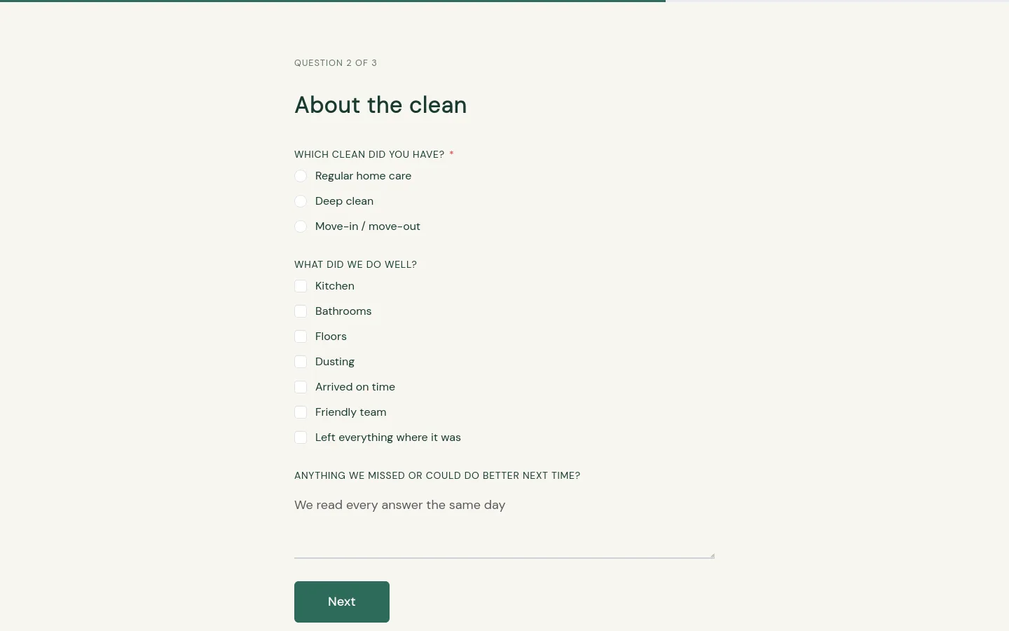 Survey page two: which clean did you have and what went well
