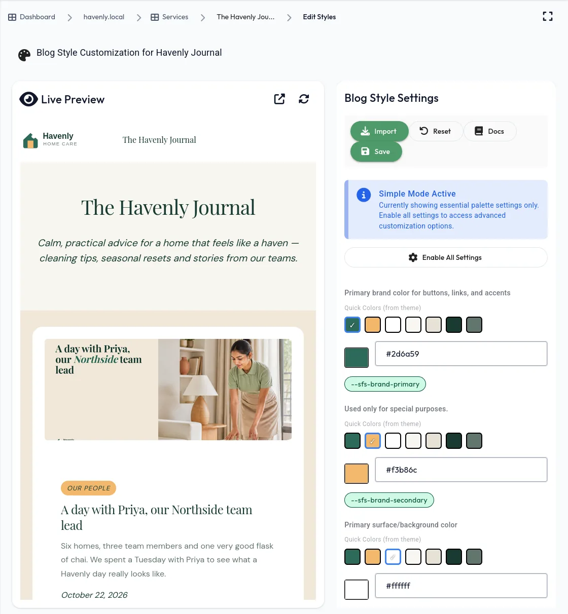 Blog style customisation with live preview in Havenly colours