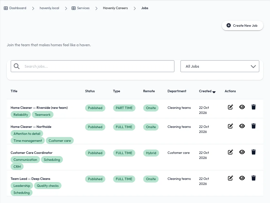 Managing job posts in the dashboard