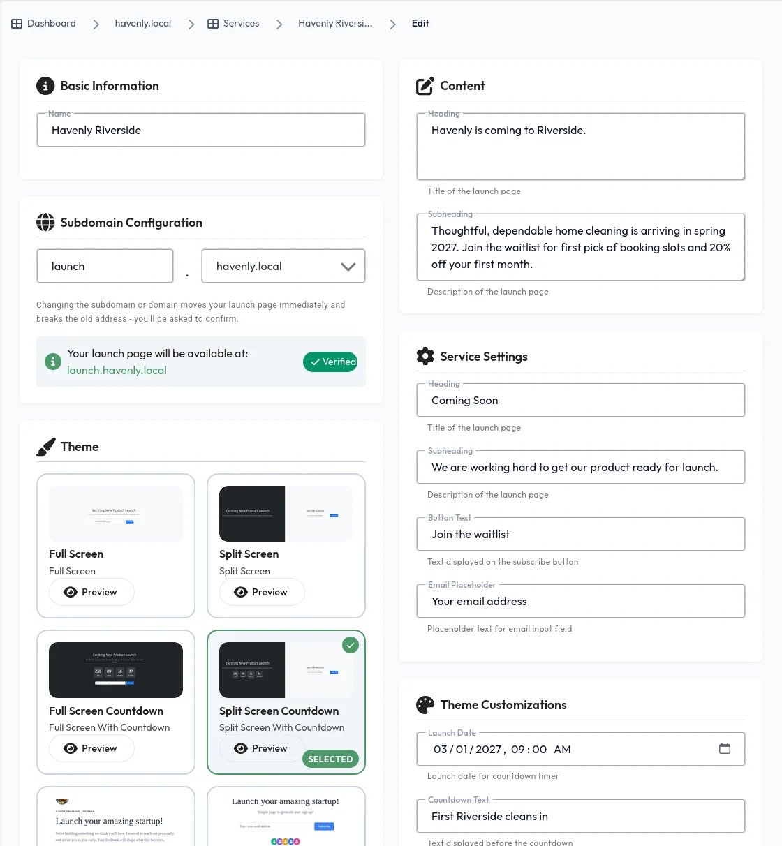 Editing the launch page in the dashboard