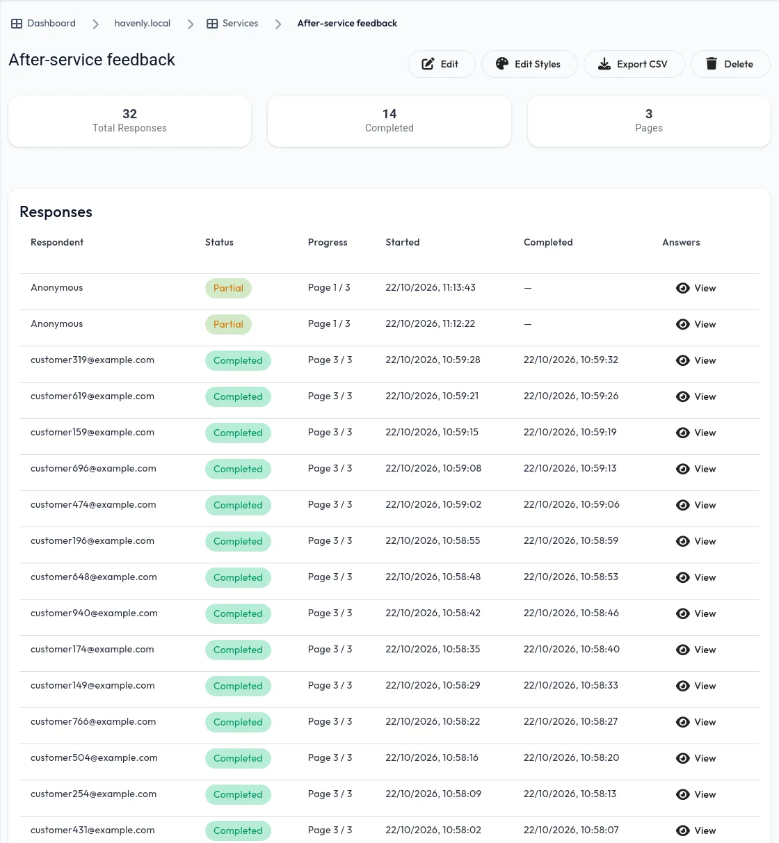 Survey responses in the PresenceWave dashboard