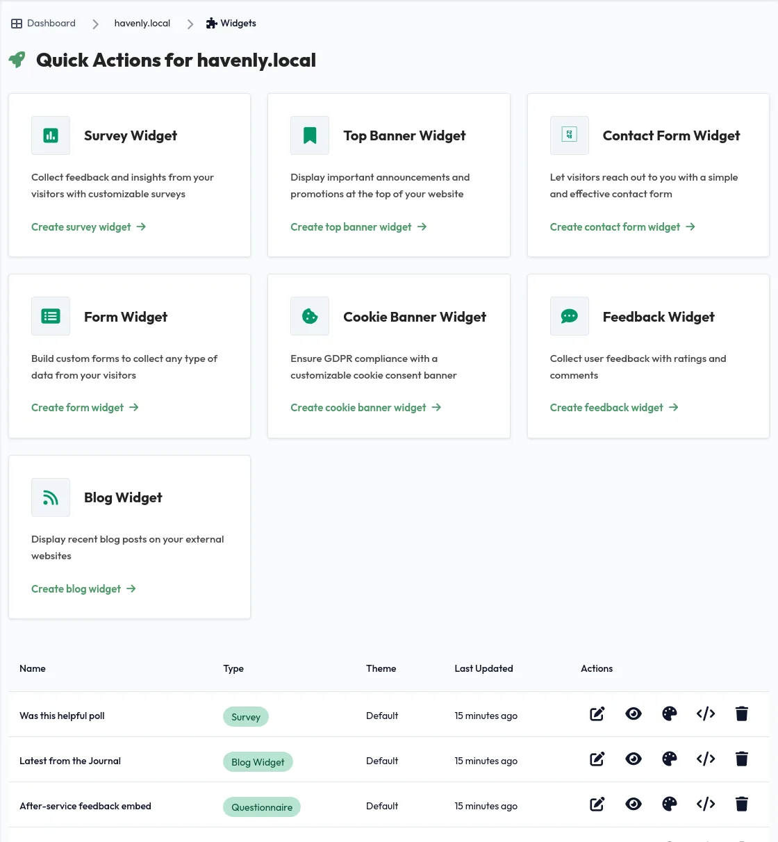 All of Havenly's widgets in the dashboard