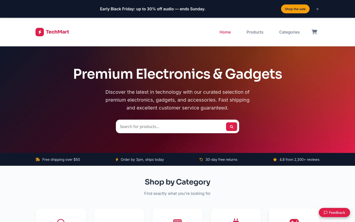An online store with a PresenceWave sale banner and feedback tab