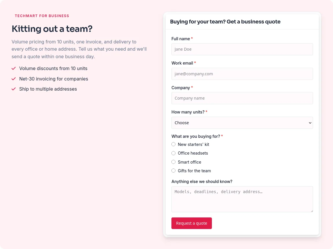 Business quote form on a TechMart product page