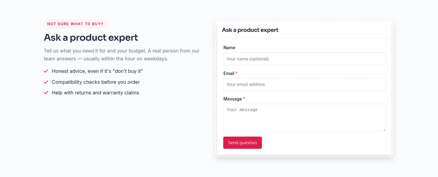 Ask a product expert contact form on the TechMart home page