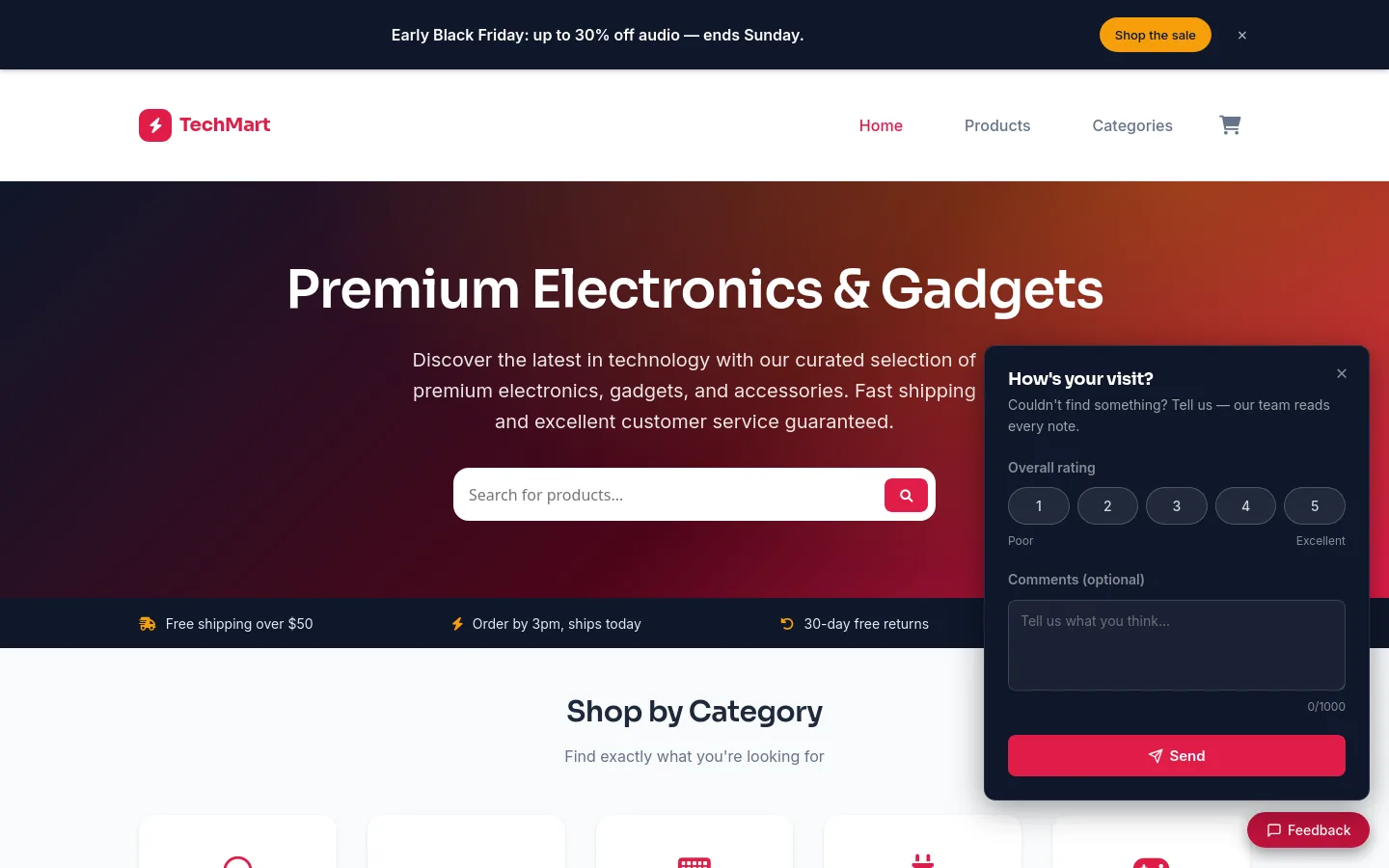 Feedback panel open on the TechMart store