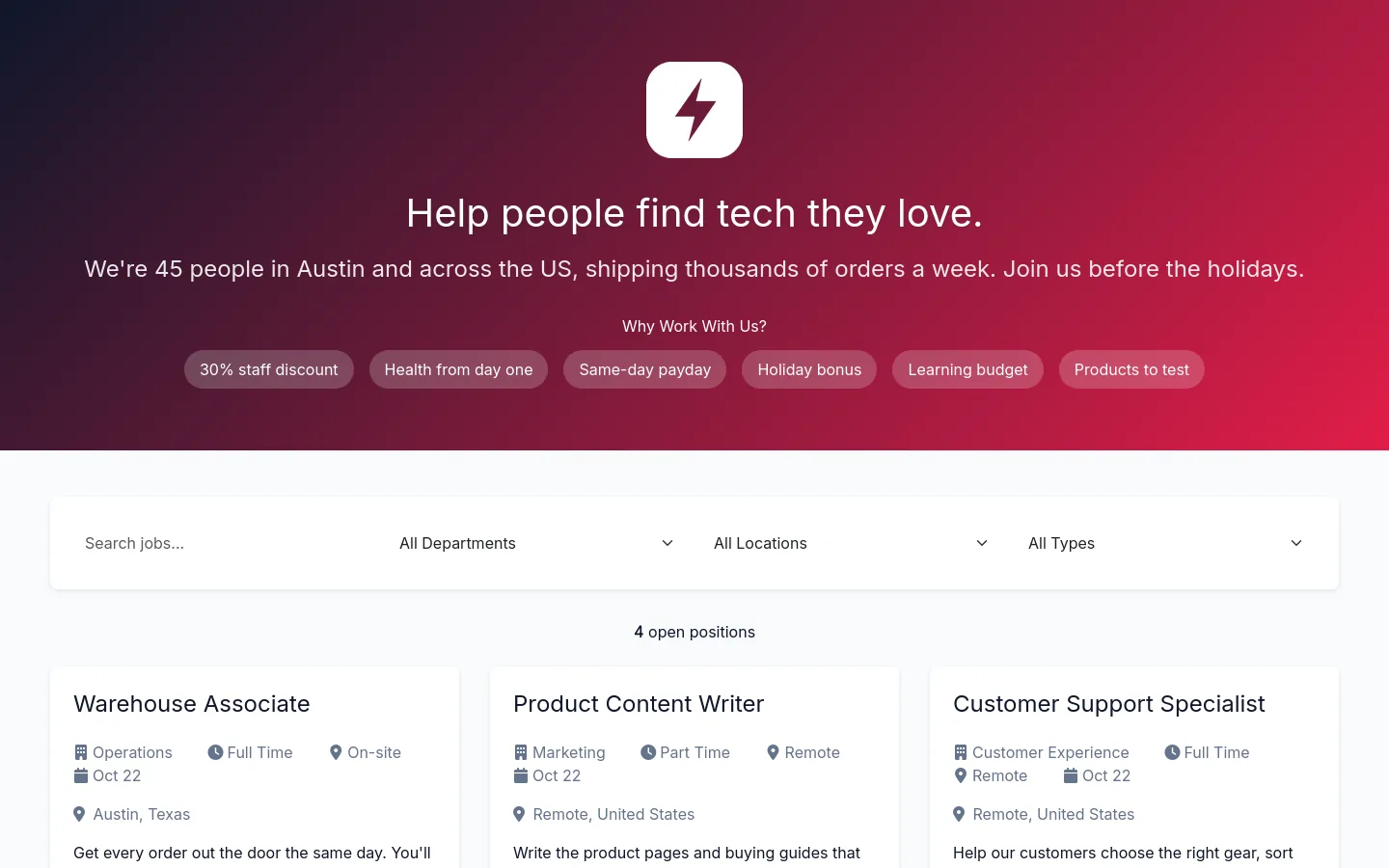 TechMart careers page with benefits and open roles