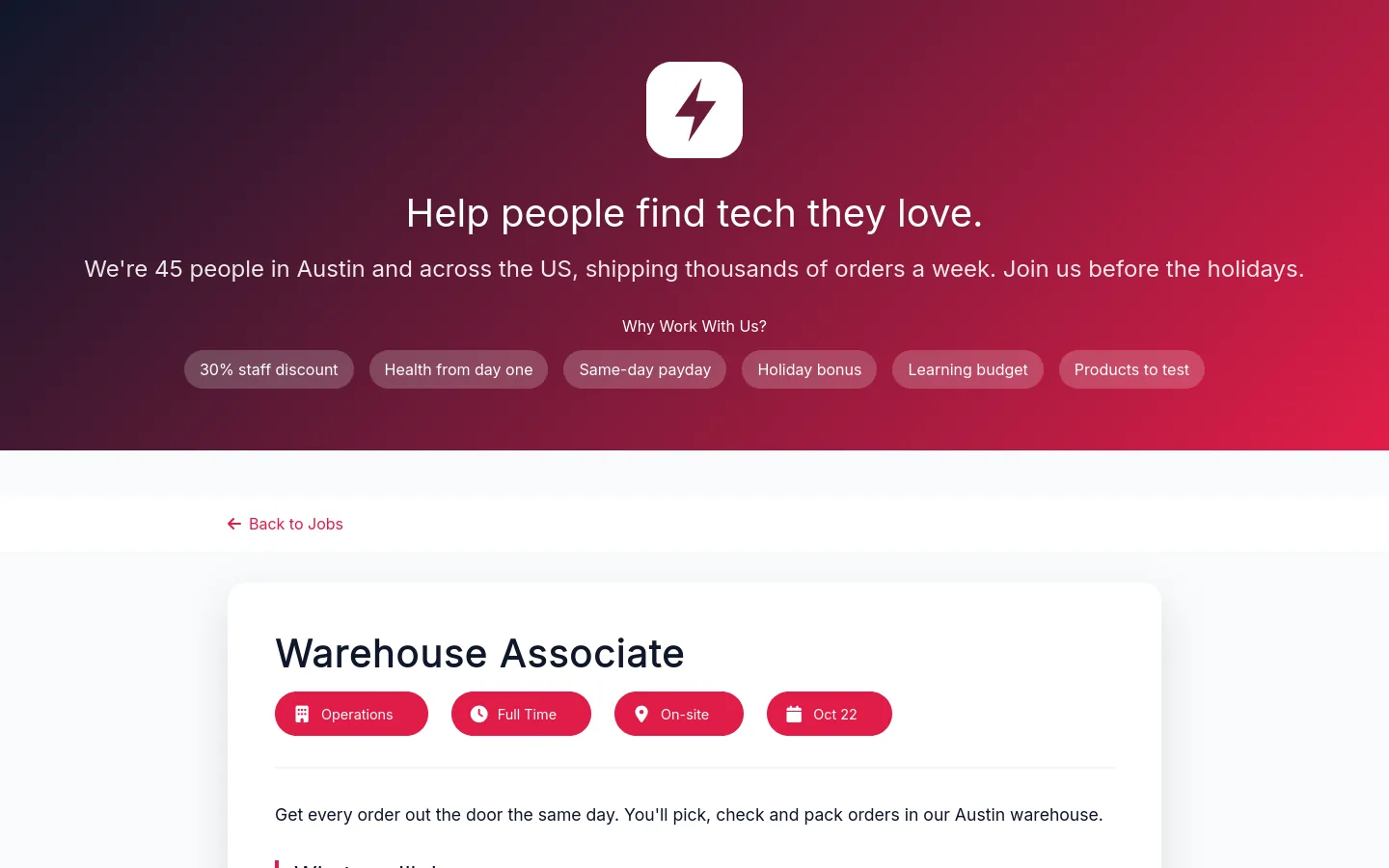 A TechMart job post for a warehouse associate