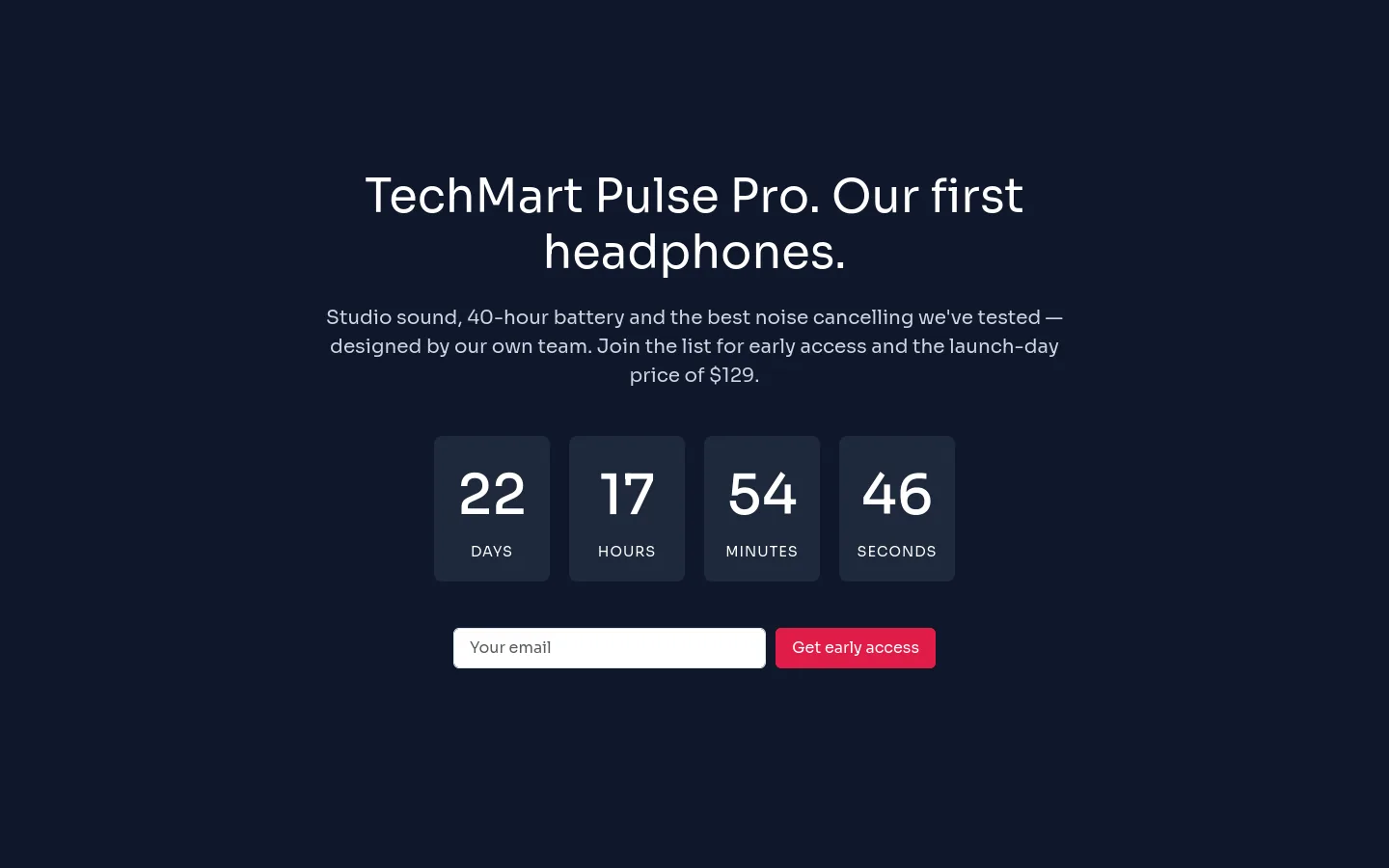 TechMart's headphones drop page with a countdown, built with PresenceWave