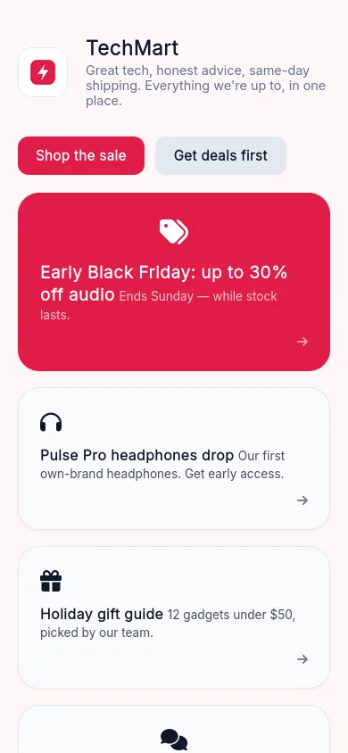 TechMart links page on a phone