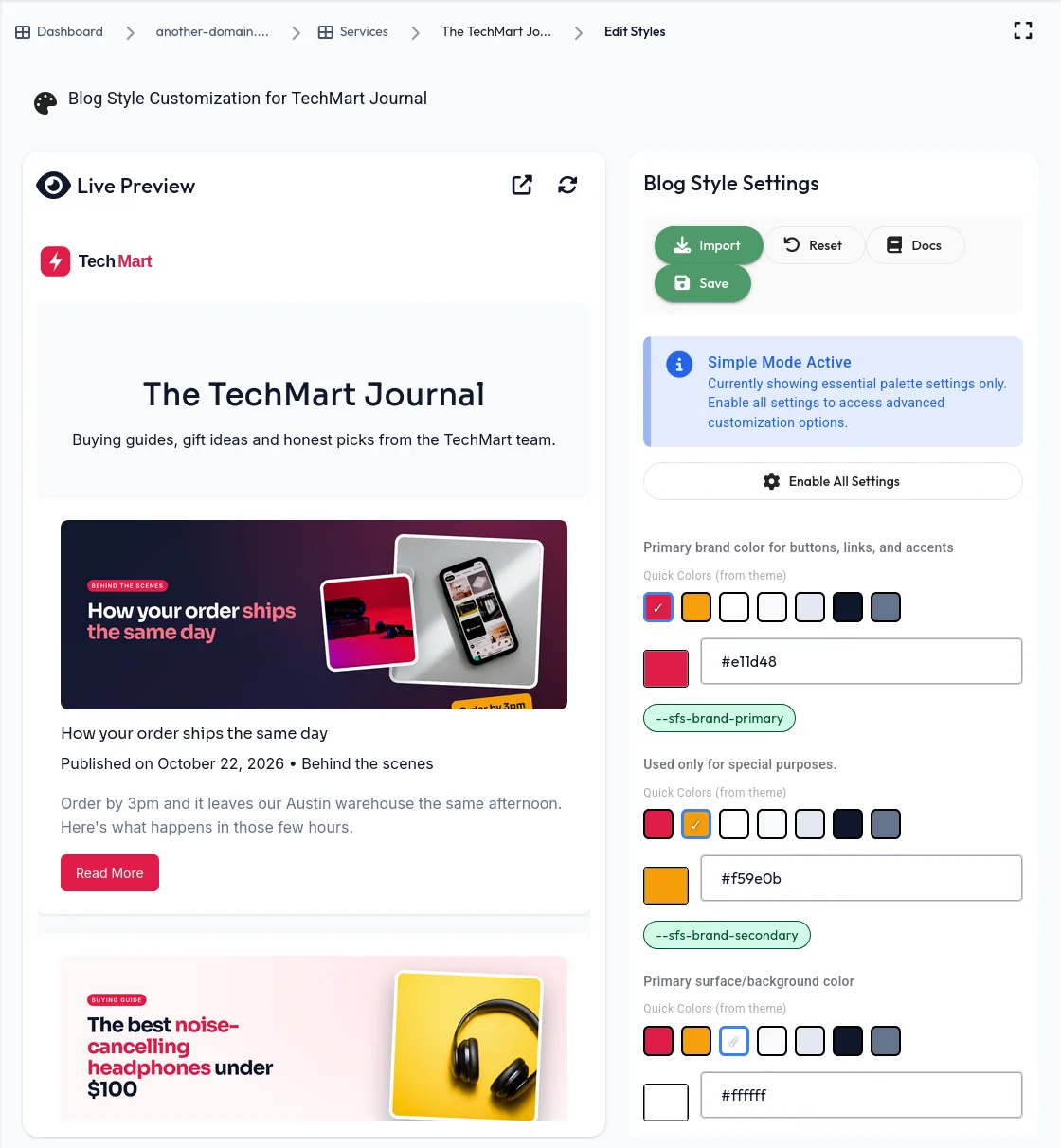 Blog style customisation with live preview in TechMart colours