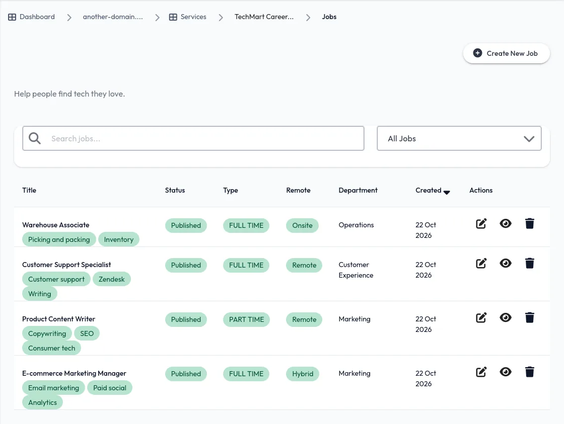 Managing job posts in the dashboard