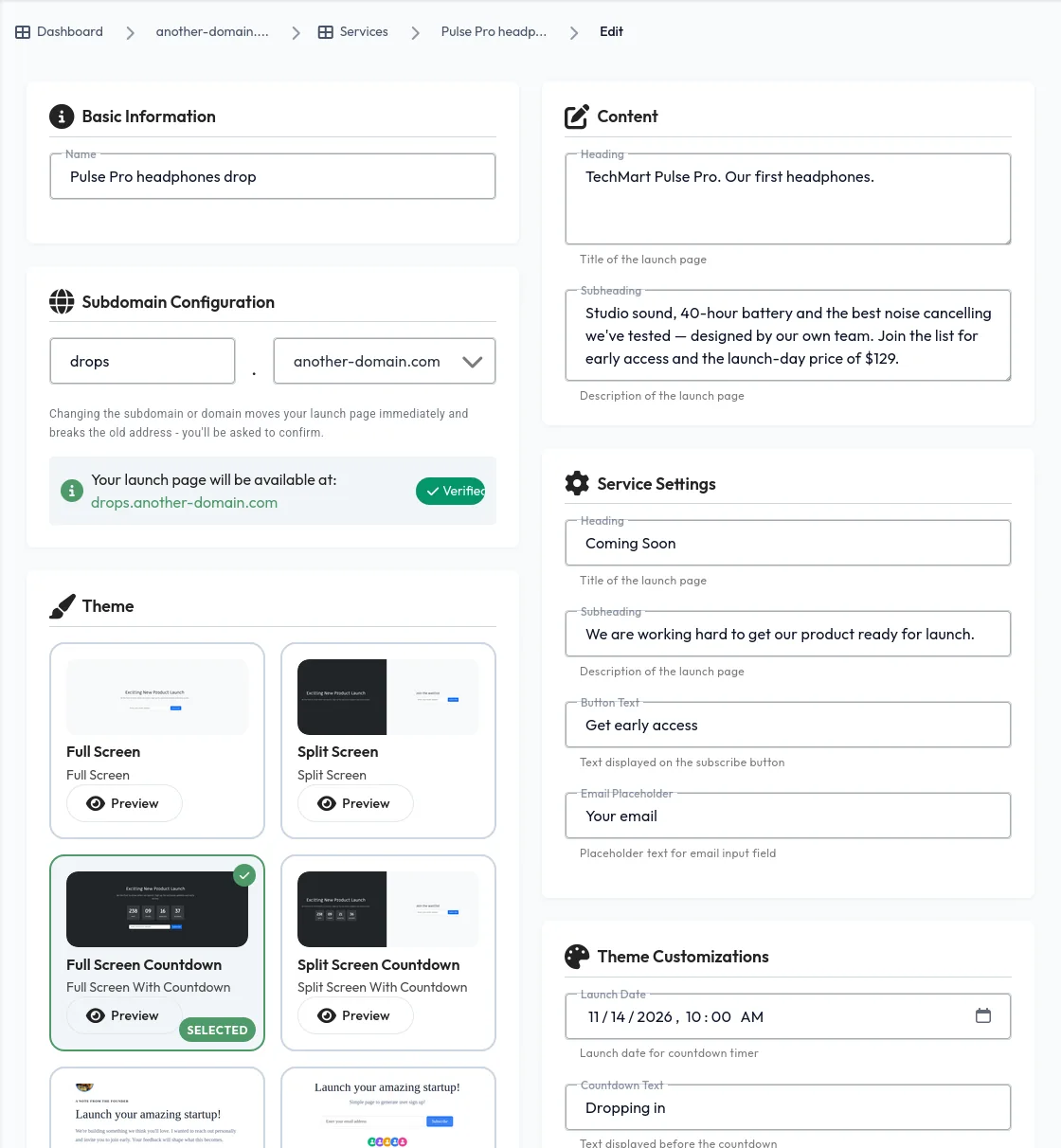 Editing the drop page in the dashboard