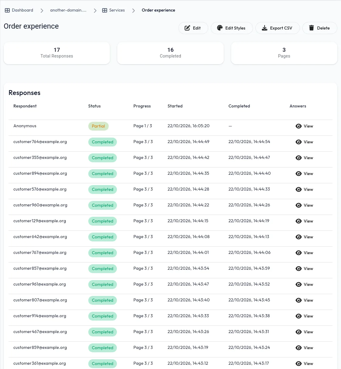 Survey responses in the dashboard