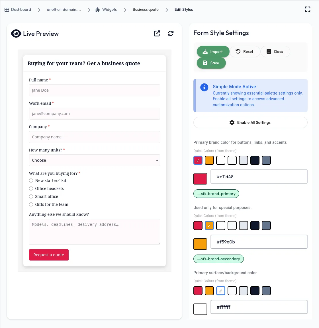Styling the business quote form widget