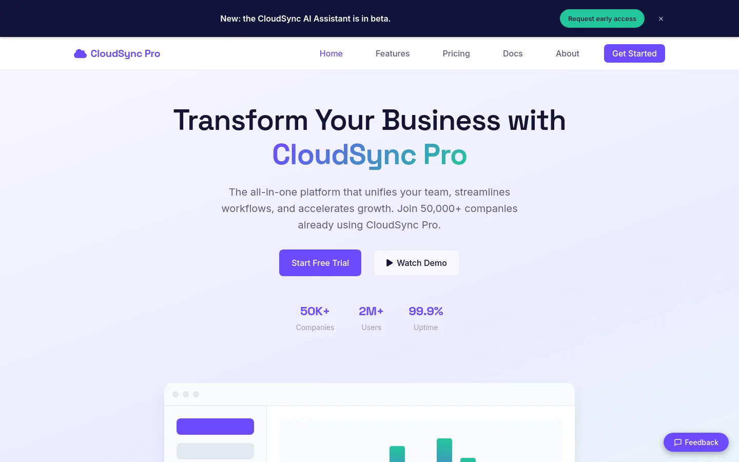 A SaaS website with a PresenceWave launch banner and feedback tab
