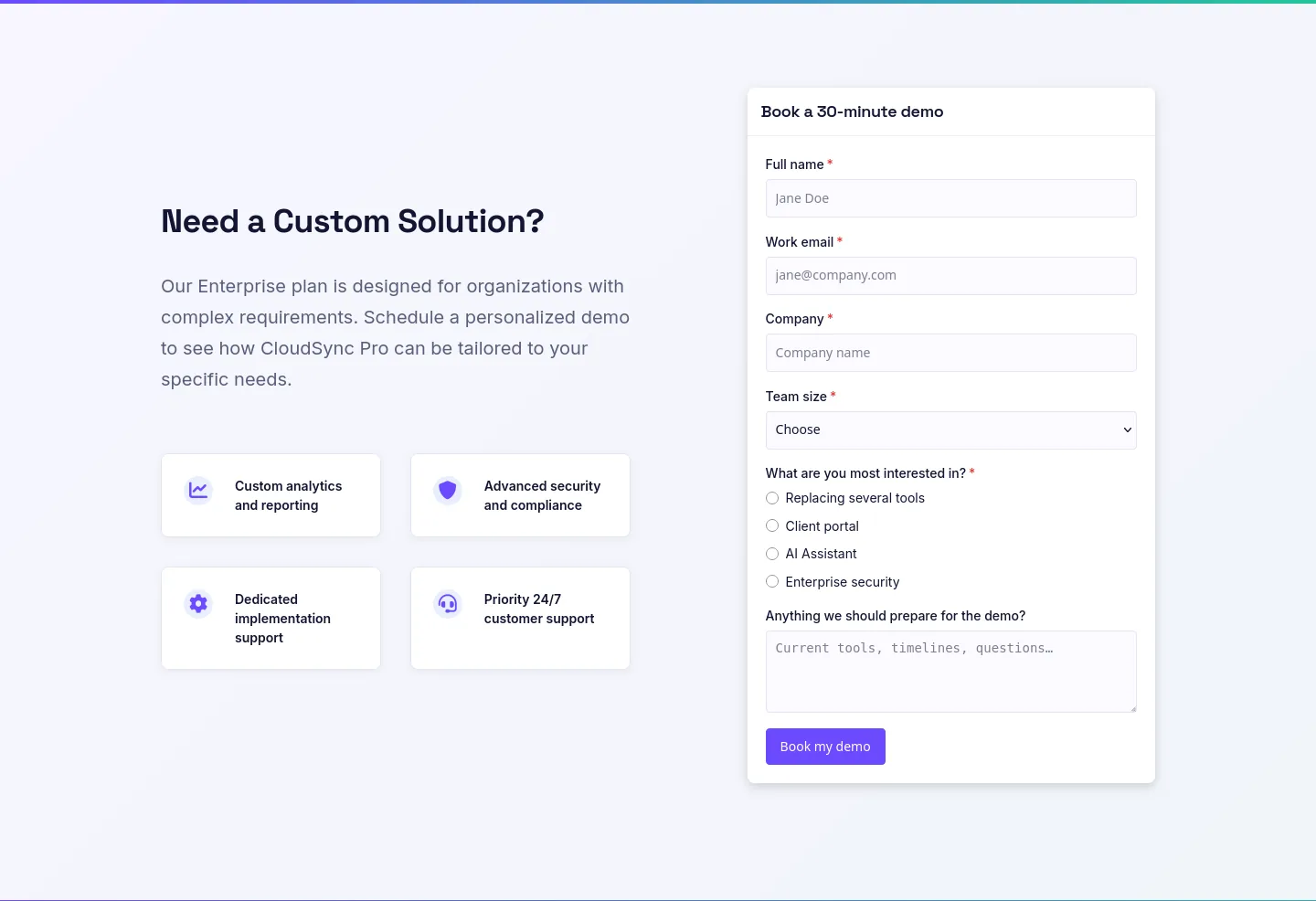 CloudSync's book-a-demo form on the pricing page