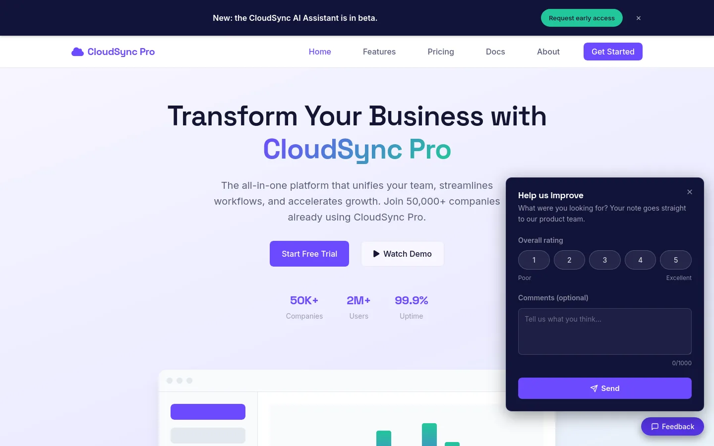 Feedback panel open on the CloudSync site