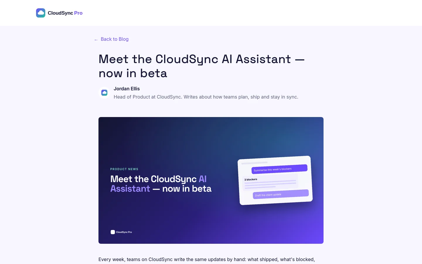 A CloudSync blog post announcing the AI Assistant beta