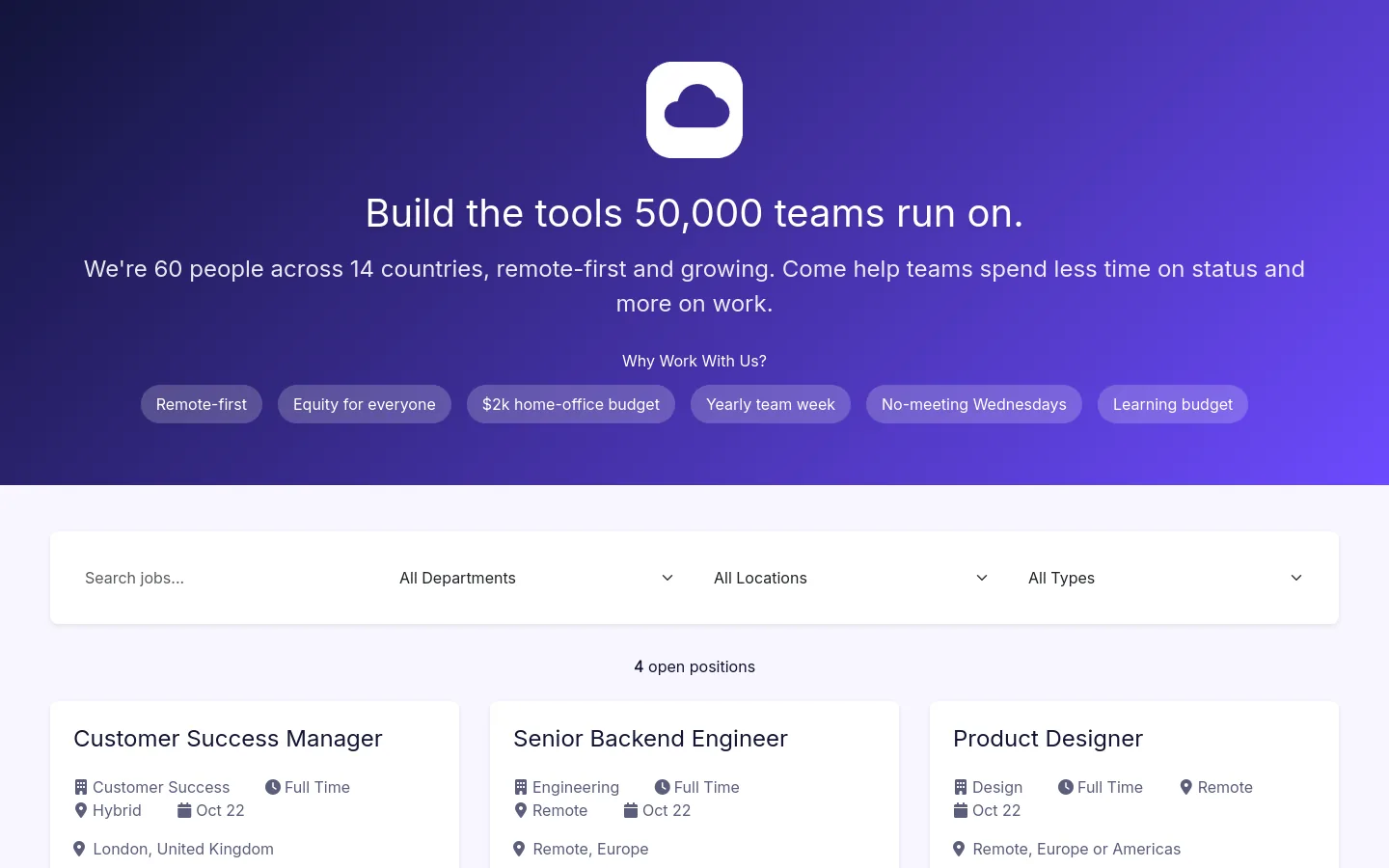 CloudSync careers page with benefits and open roles
