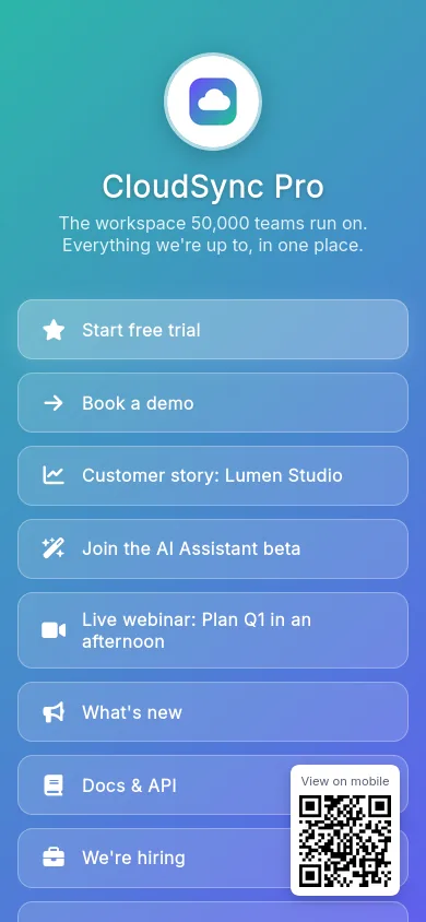 CloudSync links page on a phone