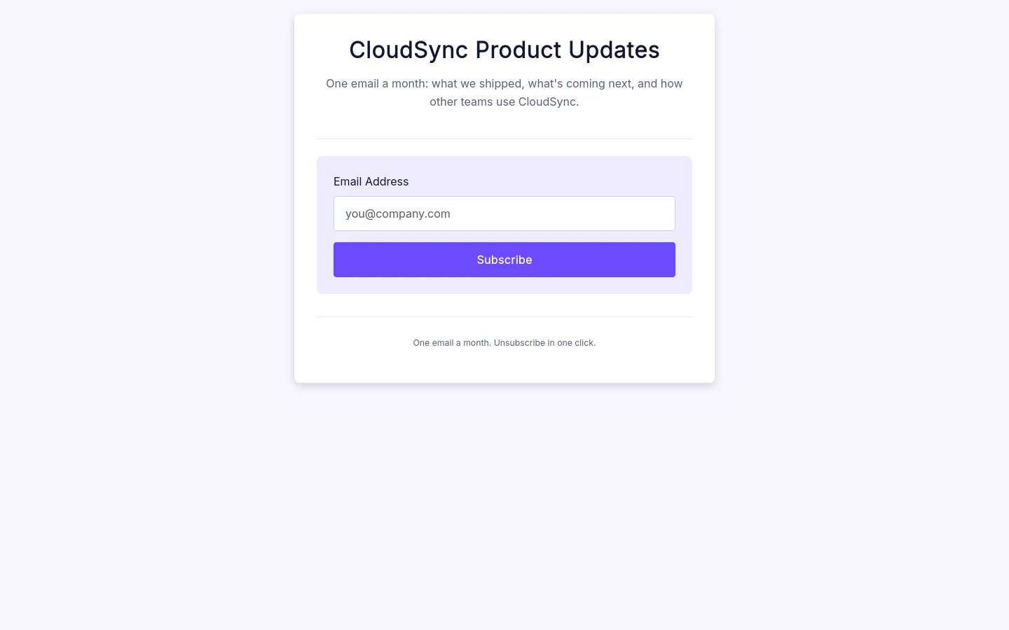 CloudSync Product Updates signup page