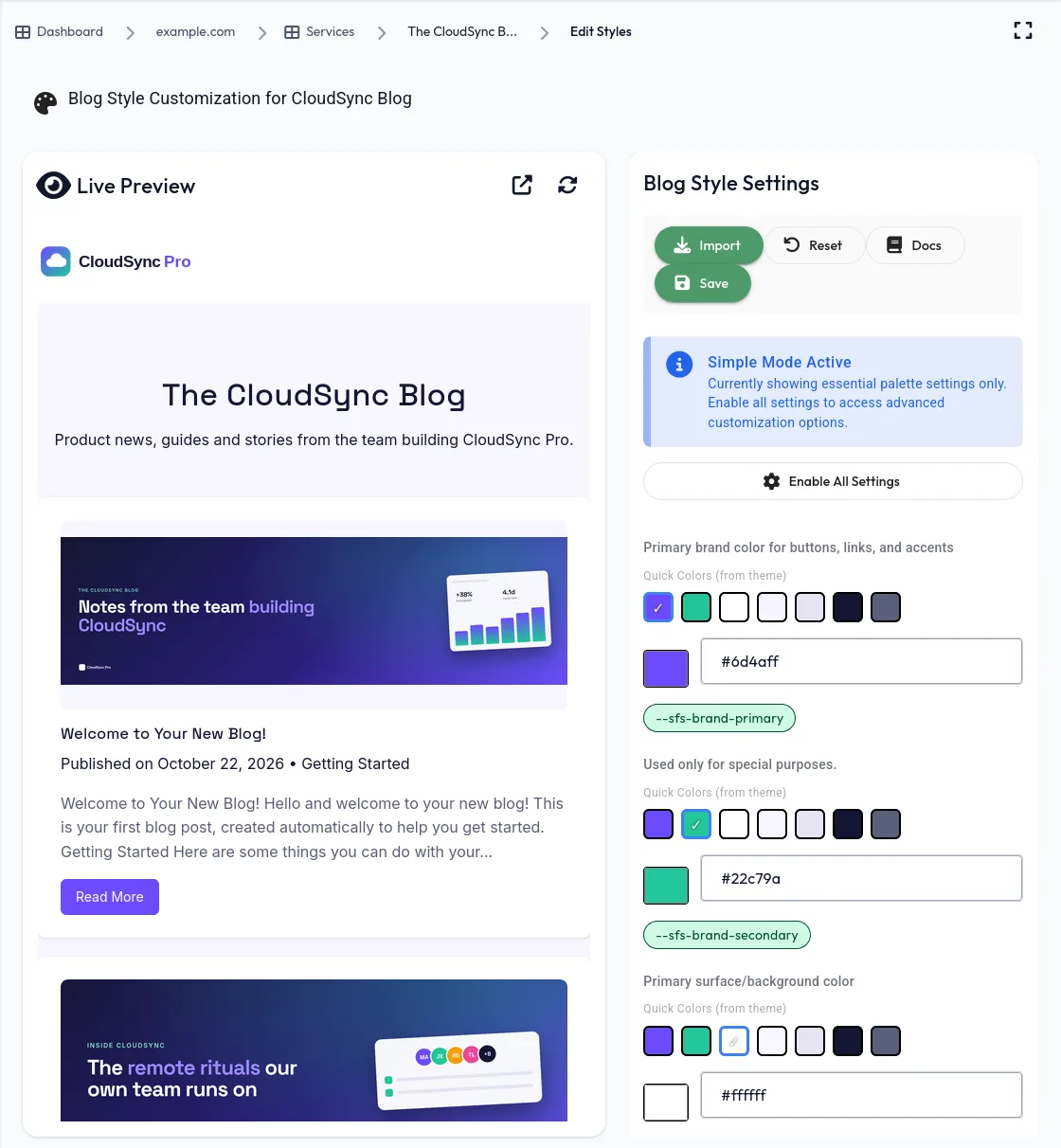 Blog style customisation with live preview in CloudSync colours