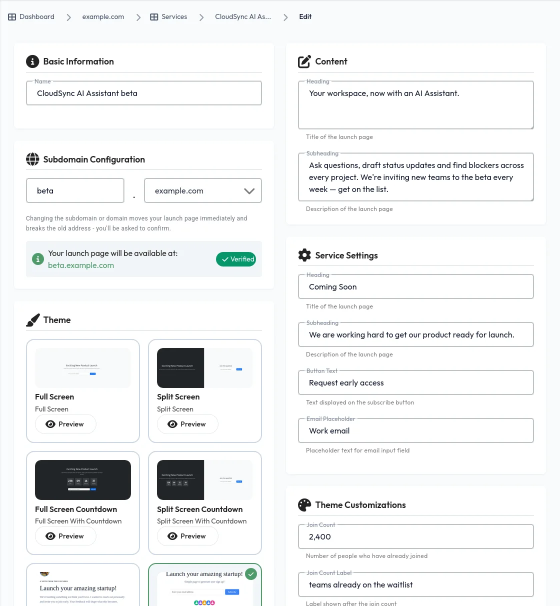 Editing the beta page in the dashboard