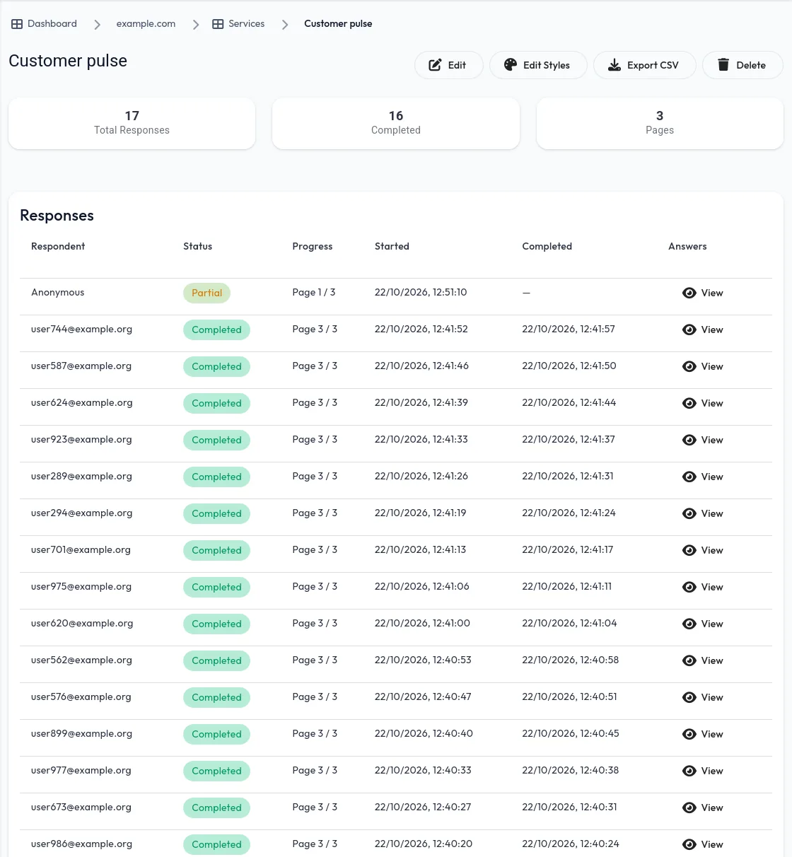 Survey responses in the dashboard